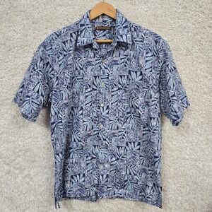 Tori Richard Hawaiian Shirt Mens Medium Blue Cotton Lawn Leaf Print Aloha Resort
